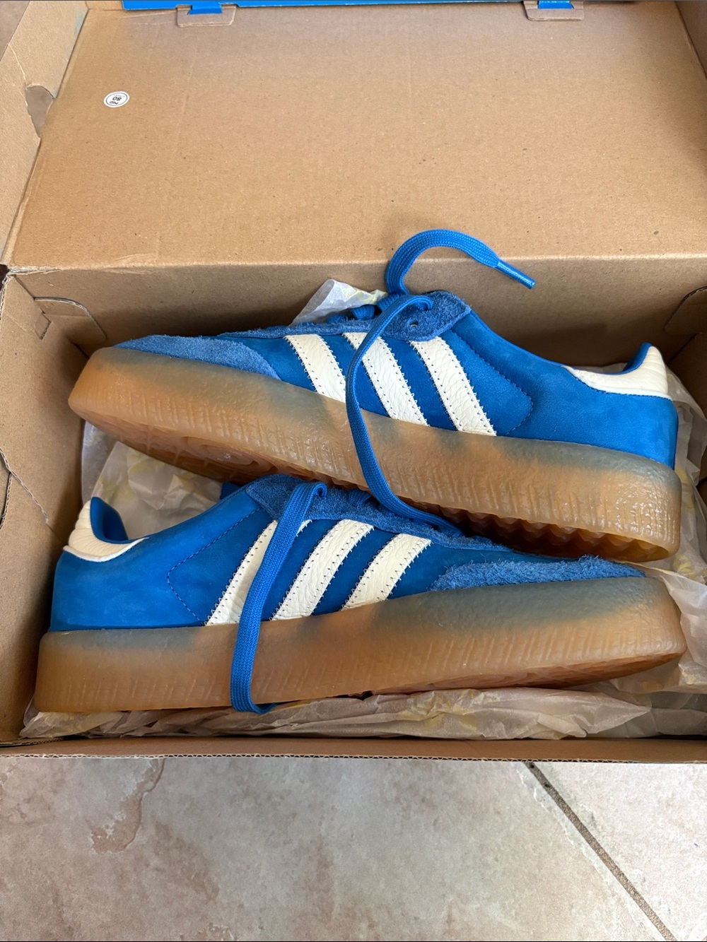 adidas Blue Suede Sneakers with White Stripes and Gum Sole
